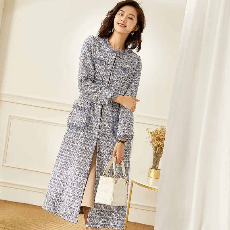 

Демисезонное пальто для офиса, Женская облегающая длинная куртка в клетку, корейские пальто, Женский Тренч, австралийская верхняя одежда с бисером