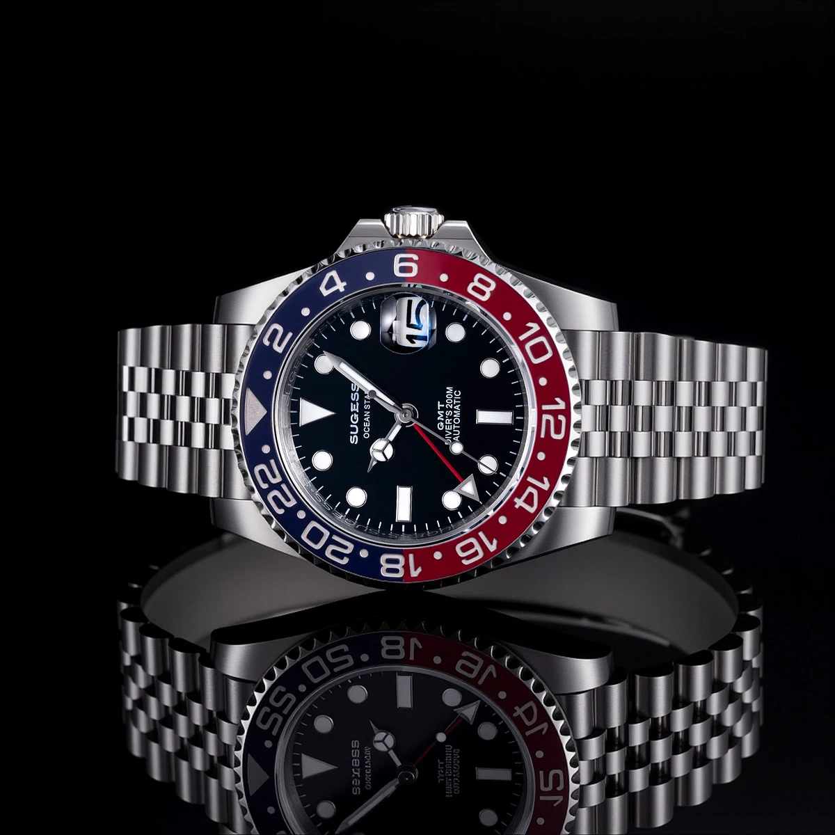Фото Мужские часы Sugess GMT для дайвинга, автоматические механические водонепроницаемые наручные часы, японский механизм NH34, керамический безель, ремешок Jubille, новинка №3
