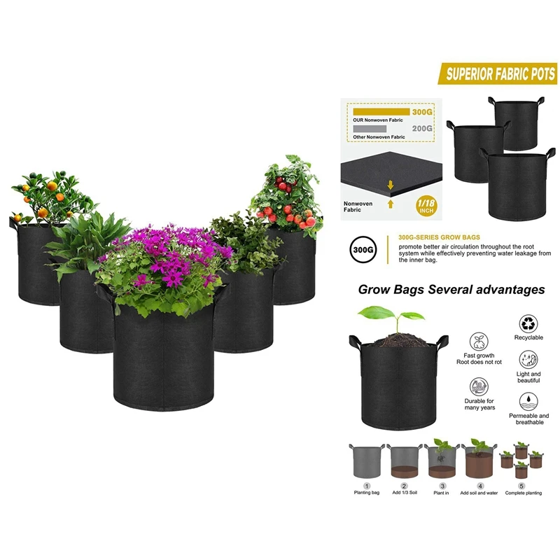 

5Pack Non-Woven Fabric Grow Bags For Tomatoes Seed Breathable Plant Pots Potato Growing With Lengthen Handle