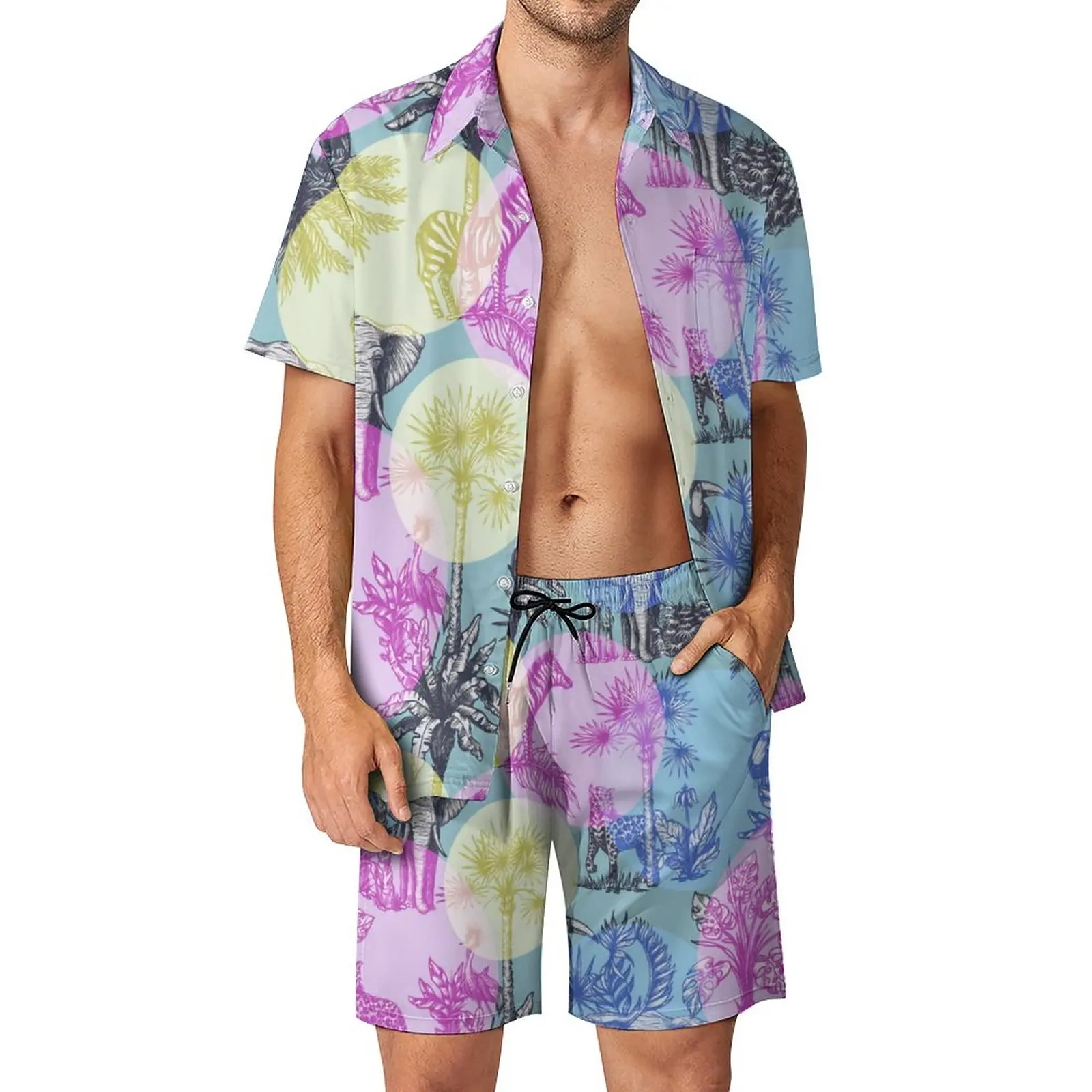 

Elephant Wildlife Men Sets Cheetah Zebra Palm Print Streetwear Casual Shirt Set Short Sleeve Shorts Summer Beachwear Suit 3XL
