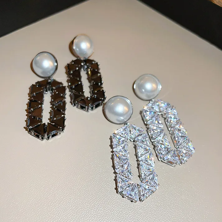 

FYUAN Geometric Pearl Drop Earrings for Women Black Crystal Dangle Earrings Party Jewelry Accessories