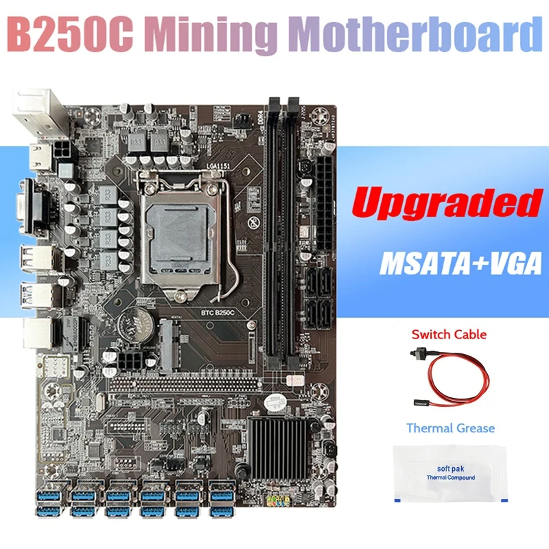 

B250C BTC Mining Motherboard+Thermal Grease+Switch Cable 12XPCIE To USB3.0 GPU Slot LGA1151 DDR4 MSATA For ETH Miner