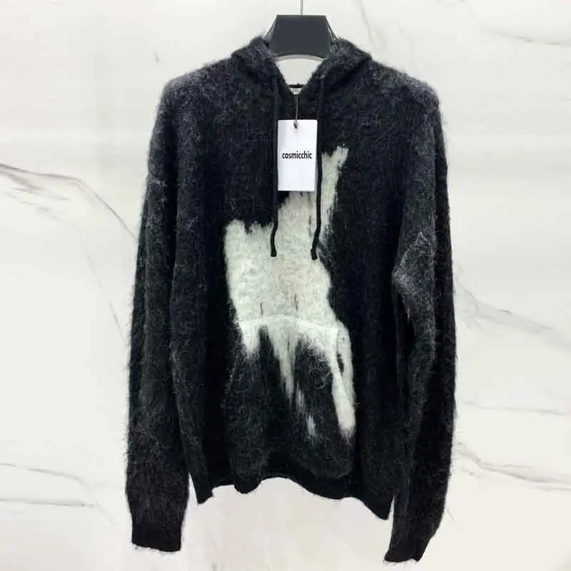 

Early Autumn Black Printed Hoodie Fashion Runway Long Sleeve Mohair Sweatshirt Tops Temperament Casual Loose Pullovers Women