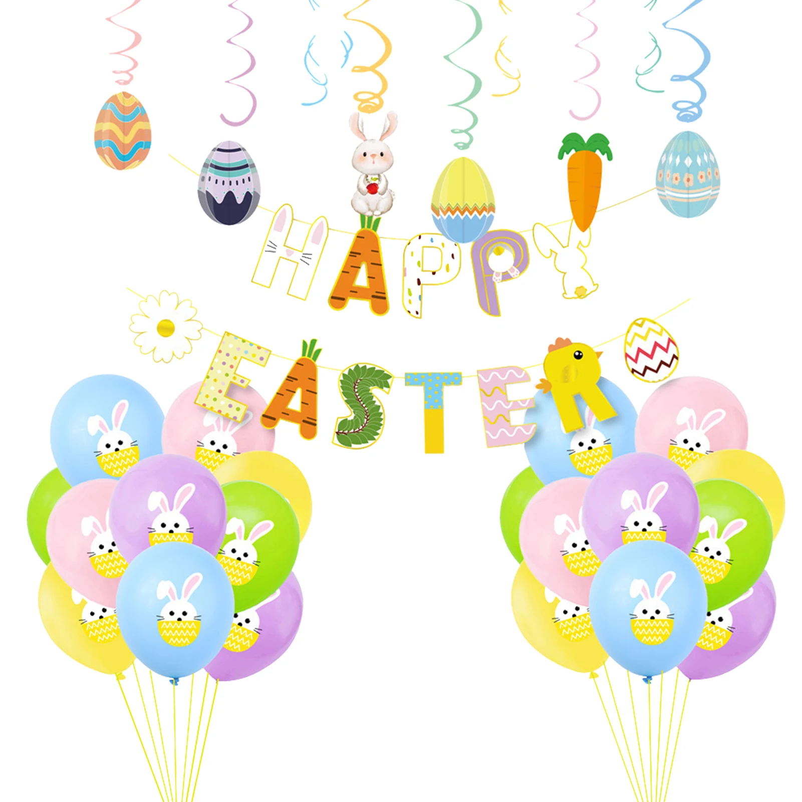 

6pcs Happy Easter Letter Banner Easter Decorations Paper Swirls DIY Home Easter Decorative Egg Bunny Balloons Party Supply