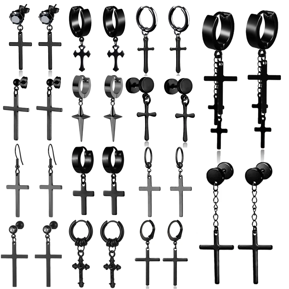 

1 Pairs Stainless Steel Cross Dangle Hinged Hoop Earrings Huggie Black Earrings Piercing CZ Stud for Men Women