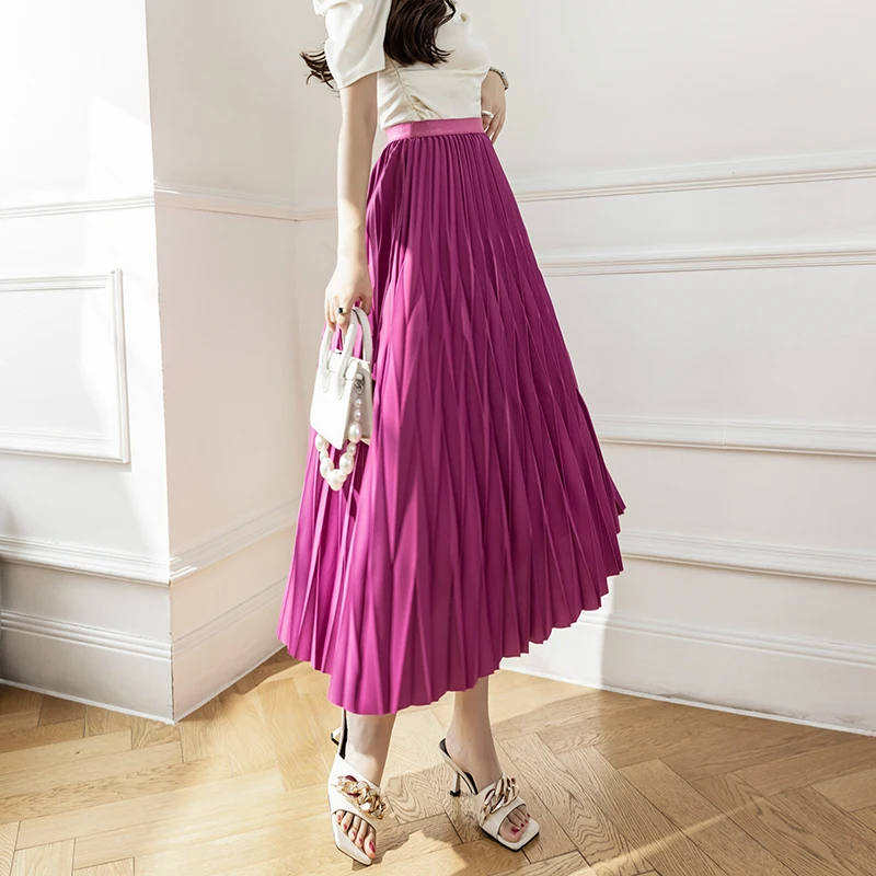 

Casual Elastic High Waist A-line Pleated Skirt 2022 Spring Summer New Women Long Skirts Solid Color Ladies Elegant Skirt