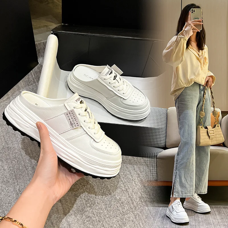 Autuspin Summer Women's Shoes New Design Females Thick Heels Slippers Fashion Genuine Leather Round Toe Slip on Sneakers Woman