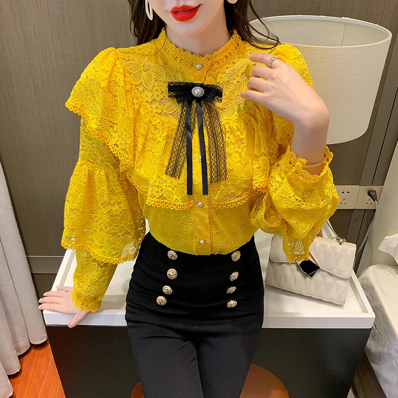 Женская кружевная блузка с оборками элегантная винтажная офисная Повседневная