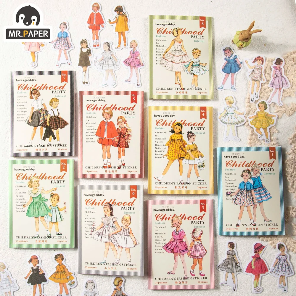 

Mr.Paper 8 Styles 50 Sheets/pack Washi Stickers Vintage Oil Painting Children Fashion Clothing Handbook DIY Material Collage