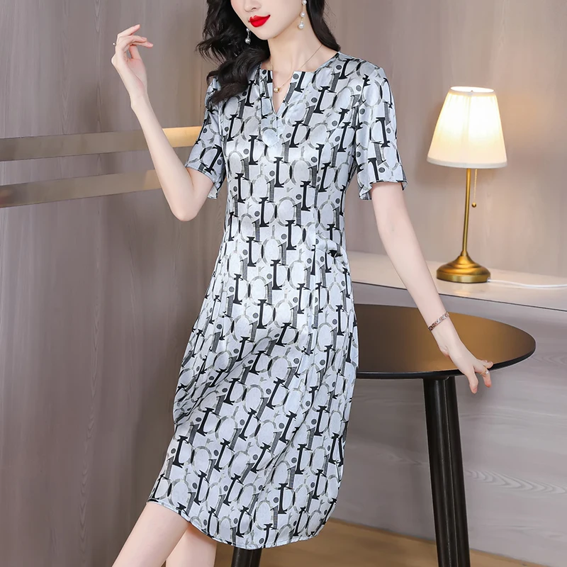 

Женское шелковое платье с коротким рукавом, летнее элегантное платье из шелка тутового шелкопряда для отдыха, 2023