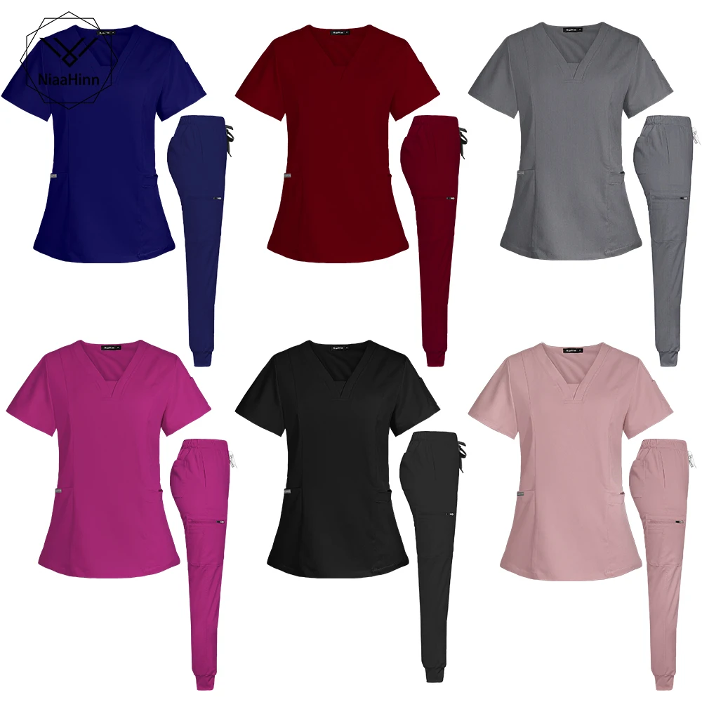 

Veterinary Work Women's Short-sleeve V-neck Multi-pocket Stretch Medical Clothing Breathable Nursing Uniform Scrub Wholesale Set