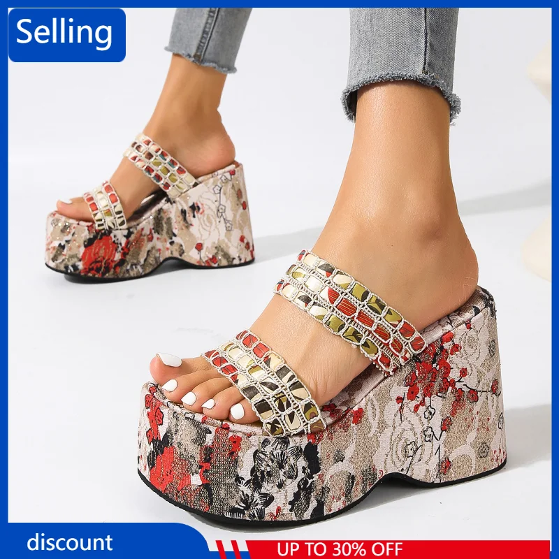 

Женские сандалии с открытым носком, босоножки в римском стиле на высокой танкетке, с открытым носком и цветочным принтом, лето 2023