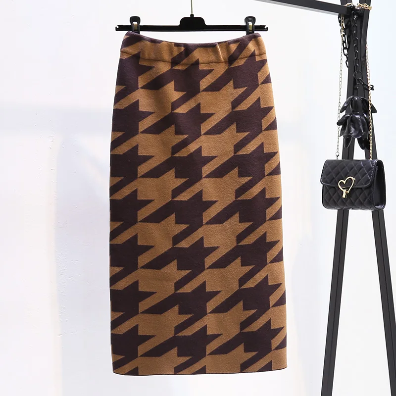 

Женская юбка на половину тела в клетку с принтом, высокая талия, тонкая, вязаная, длинный абзац, упаковка на бедрах, новая мода, осень и зима