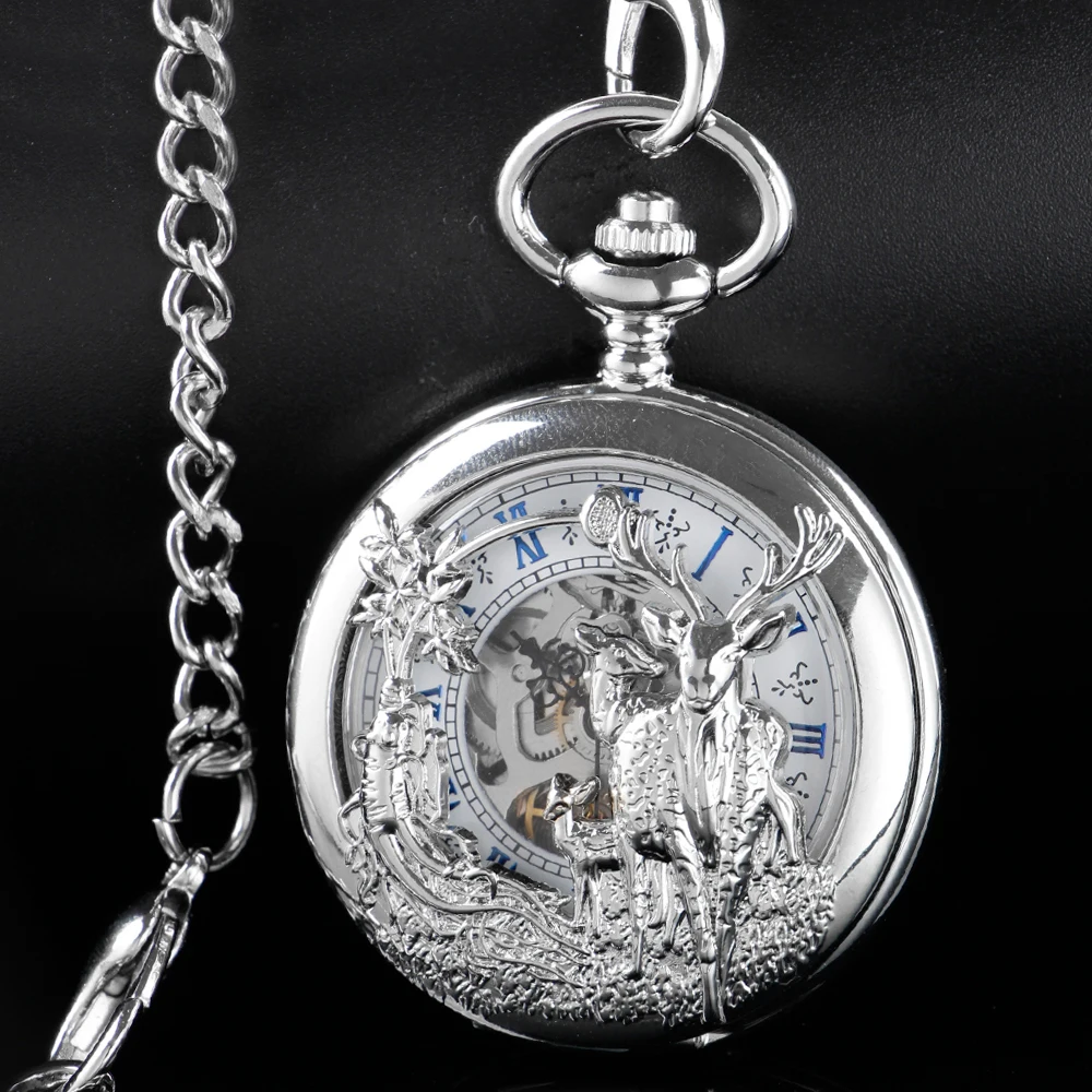 Deer Sculpture Double-Open Pocket Watch Mechanical Men's Hand Style Steam Punk Necklace Fob Watch Chain Roman Digital Clock Gift
