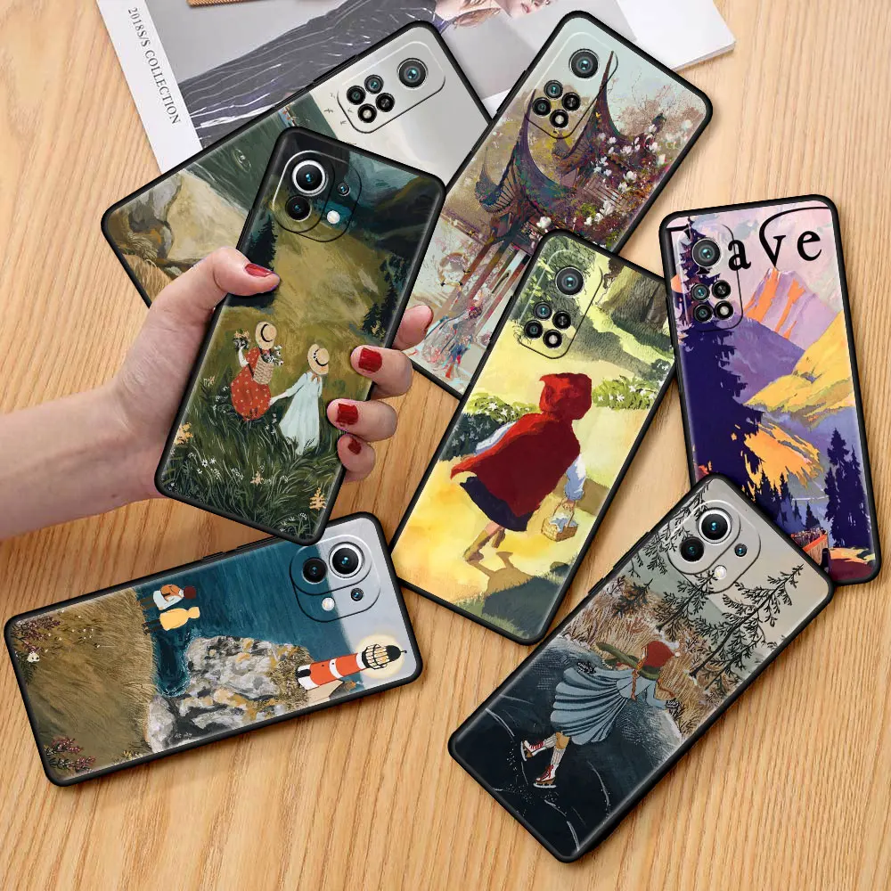 

Black Estuche Case For Xiaomi Mi Poco X3 NFC M3 10T Pro 11T 5G Mobile Phones Funda 9T Note 10 Lite F1 Cover Cartoon Scenery Girl