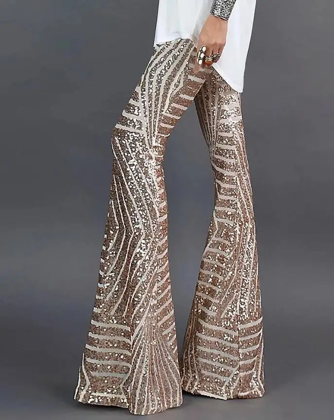 Pants Women 2022 Fashion Elegant Glitter High Waist Bell-bottomed Sequins Wide Leg Work Office Lady High Waist Pants Autumn YK2
