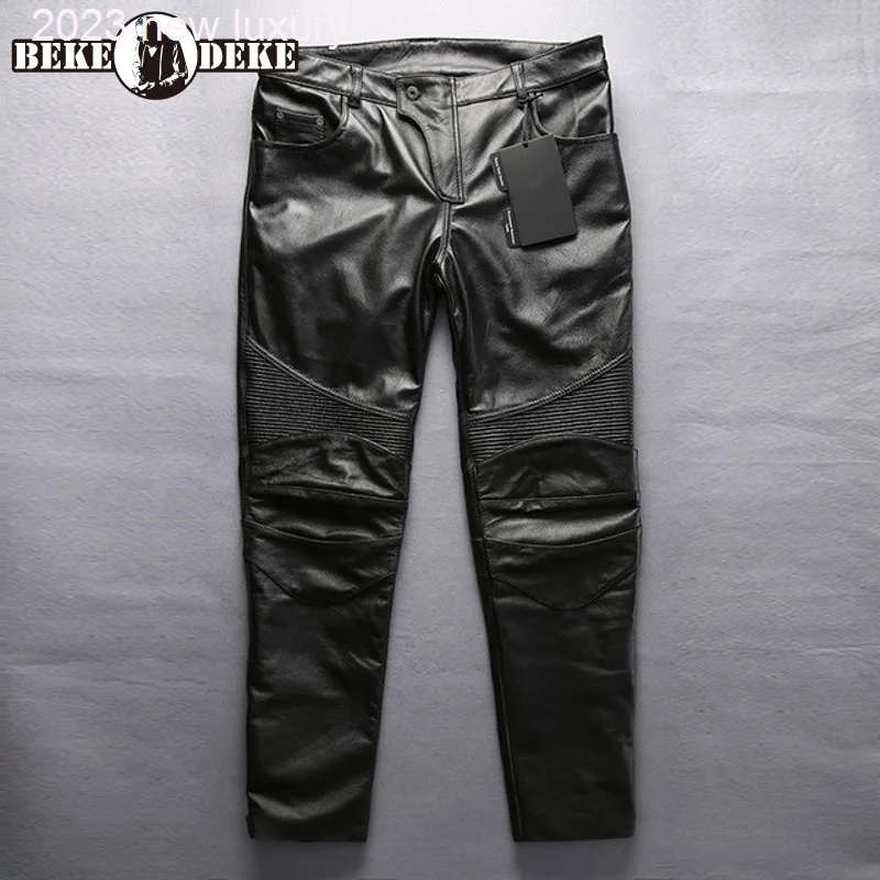 

Style Genuine British Leather Mens Straight Pants New Biker Cowhide Pants Pockets Zippers High Quality Korean Style Pants