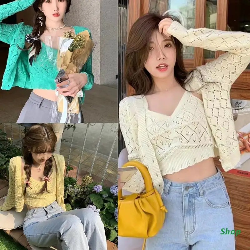 

L5YC Women Spring Hollow Knit Solid Button Down Cardigan and Crop Top 2 Pieces Set
