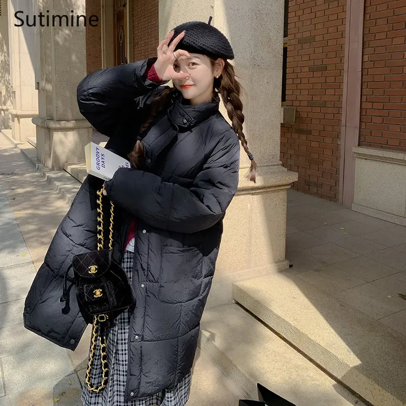 Winter Coat Women Loose Oversize Long Down Jacket Office Lady Button Winter Clothes Women Single Breasted Pockets  Coat