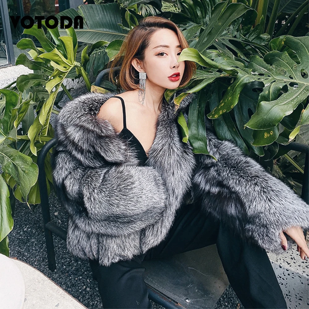 Winter Women Silver Fox Fur Coat High Quality Luxury Faux Fur Jacket Thicken Long Sleeve Fox Fur Overcoat Fluffy Furry Outerwear