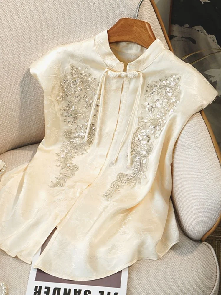 Китайские атласные шифоновые рубашки для женщин осень 2024 новый шикарный жилет из