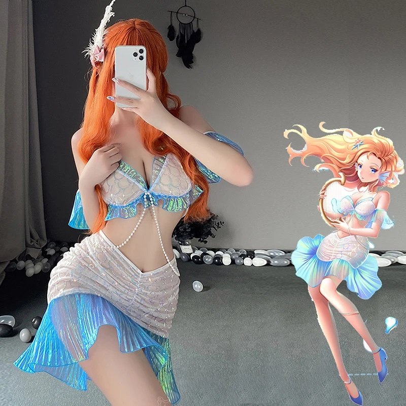 

Anime Sexy Perspective Women Girl Sea Princess Cosplay Little Mermaid Shiny Fins Skirt Bra Set Uniform Suit Underwear Costume
