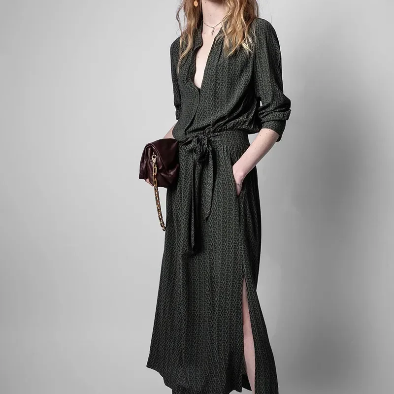 French romantic hem slit texture dark jacquard neckline stitching lace silk sling dress waist V neck letter print dresses|Dresse