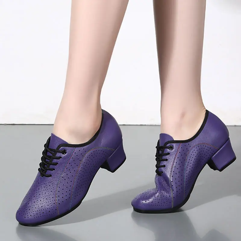 Cowhide Women Jazz Dance Shoes Latin Salsa Dancing Shoes Embossed Purple Female Teachers Ballroom Shoes Ladies Dance Sneakers