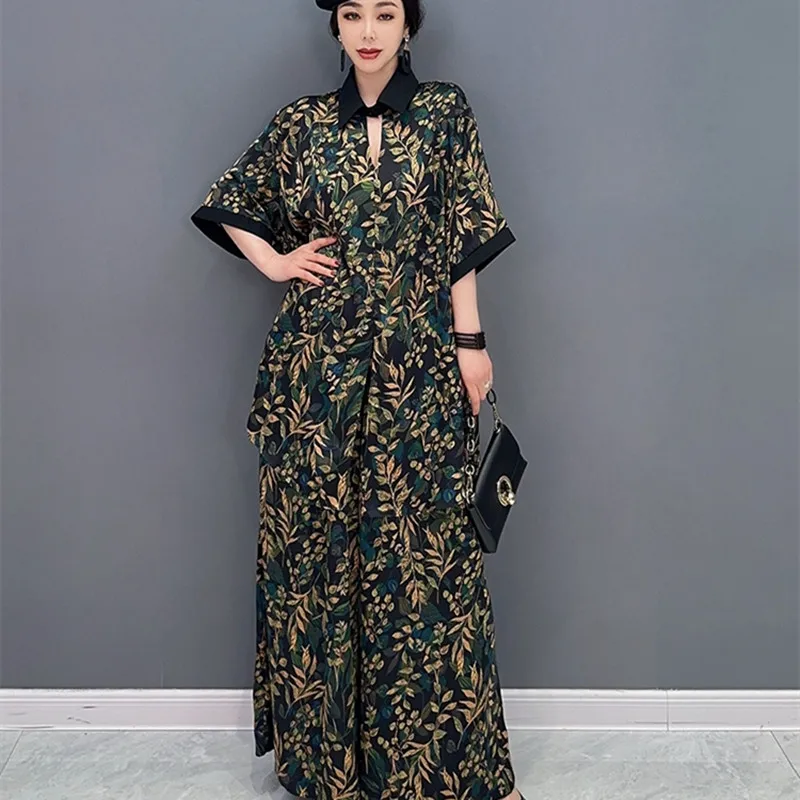 

Комплект одежды в китайском стиле для женщин, топ с принтом и широкие штанины с эластичным поясом, повседневная весенняя одежда, 2 шт.