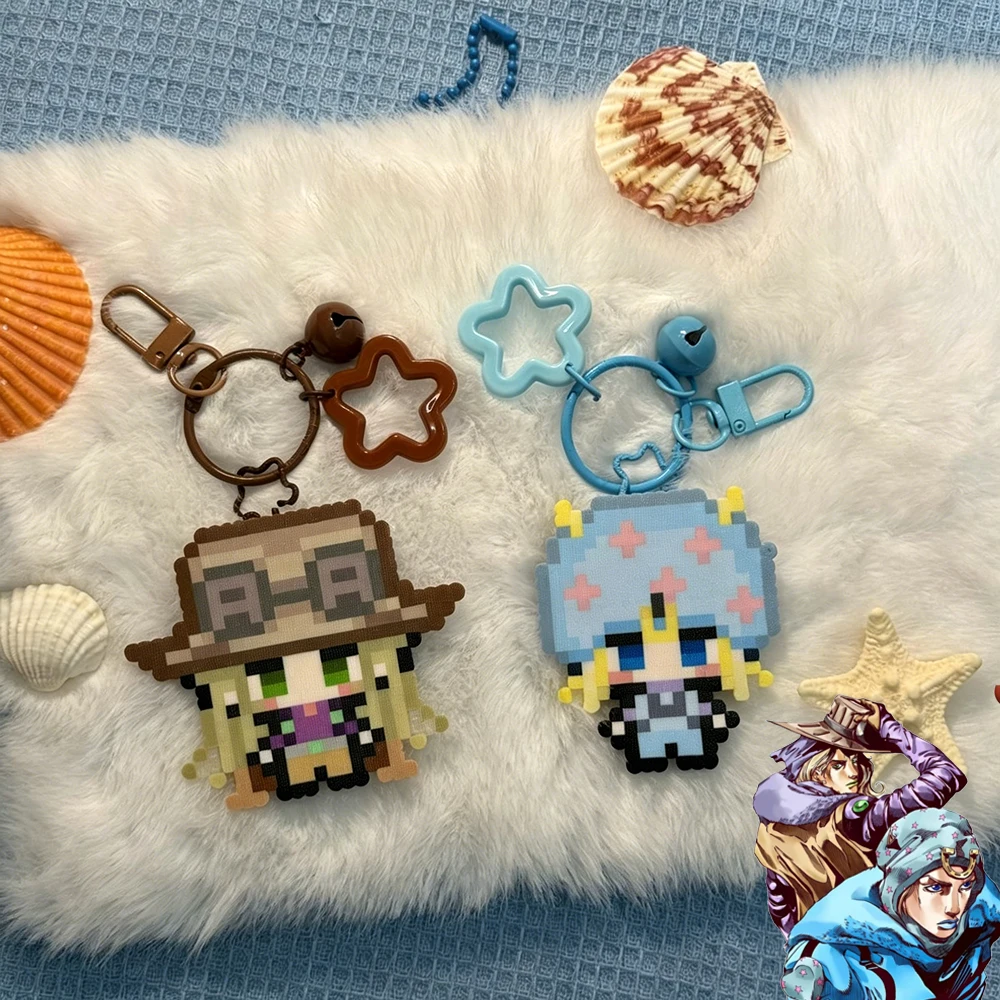 Фото Аниме JOJO Steel Ball Run: Брелок для ключей с персонажами Джонни Джостар и Джиро Зеппели, косплей-аксессуар, пиксельный кулон из бусин Perler №1
