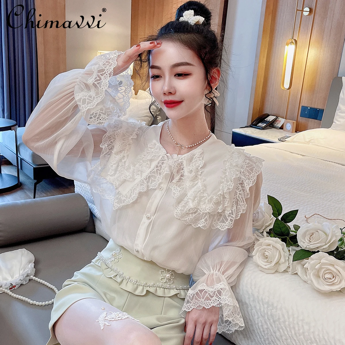 

Fashion Lace Stringy Selvedge Lapel Sweet Princess Style White Shirt 2022 Spring New Blouse with Suspenders All-Matching Women