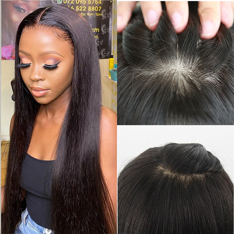 22 inch Long Silky Straight 12x13cm Human Hair Topper For Women Breathable Silk Top Base Toupee Natural Color Toupee