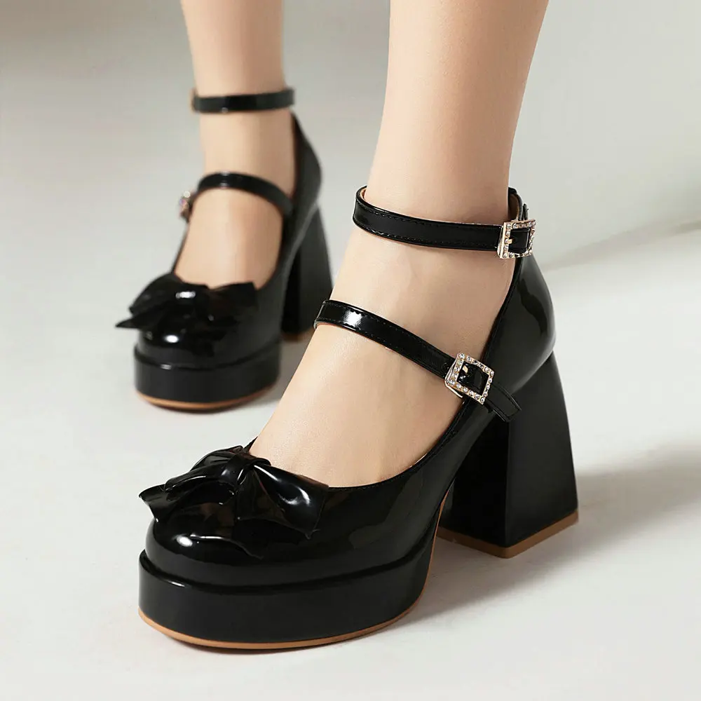 Japanese Lolita Shoes Chunky High Heel Thick Platform Queen Mary Jane Pumps with Sweet Bow Buckle Strap Pink Black White