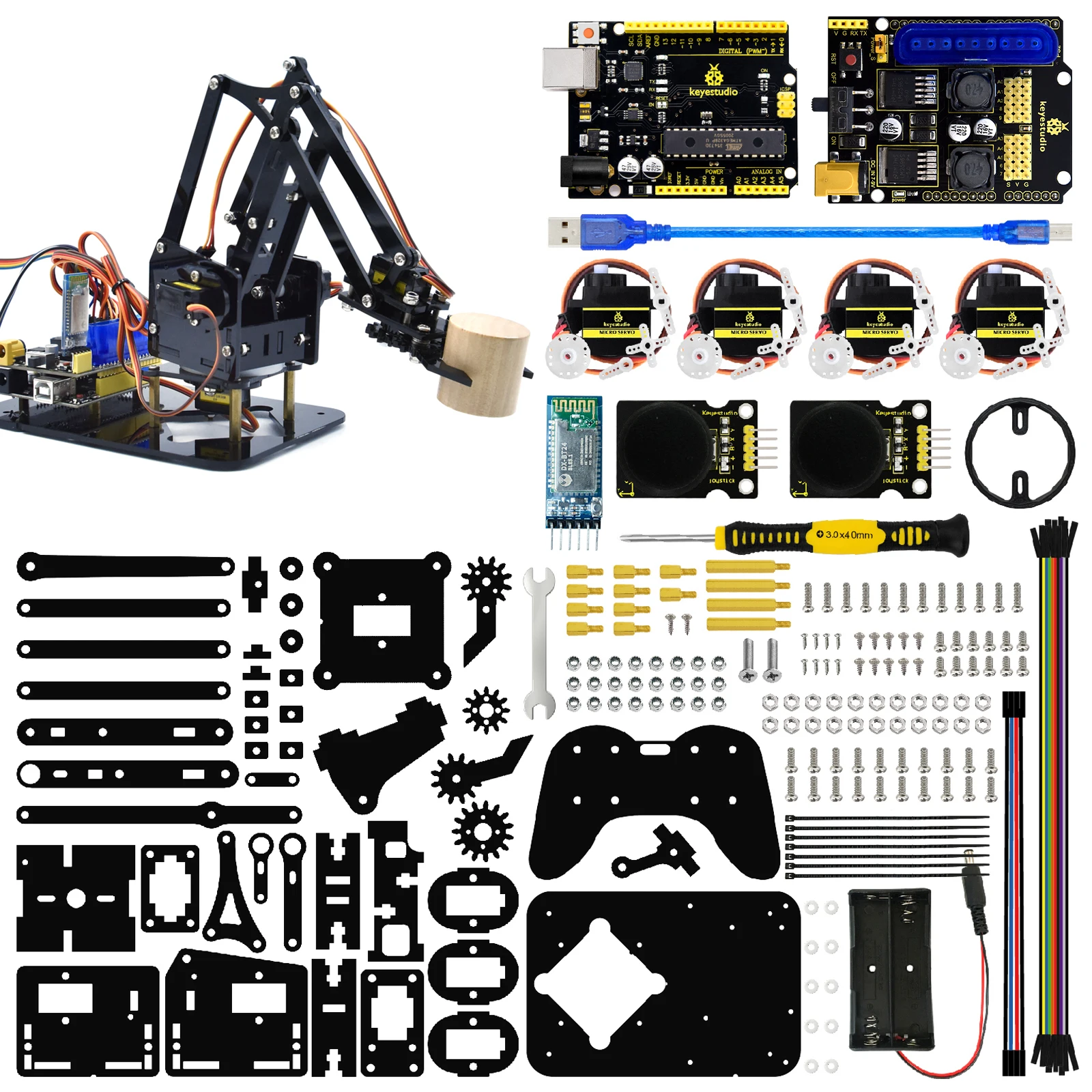 

Keyestudio 180 Degree Robot Arm Kit Acrylic PS2 4DOF Mechanical Claw Toys for Arduino Robot Arm Kit DIY Robot STEM Programming