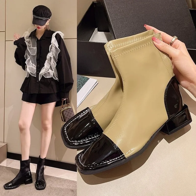 

Colorblock Boots Chunky Heel Chelsea Boots Versatile Square Toe Vintage Martin Boots
