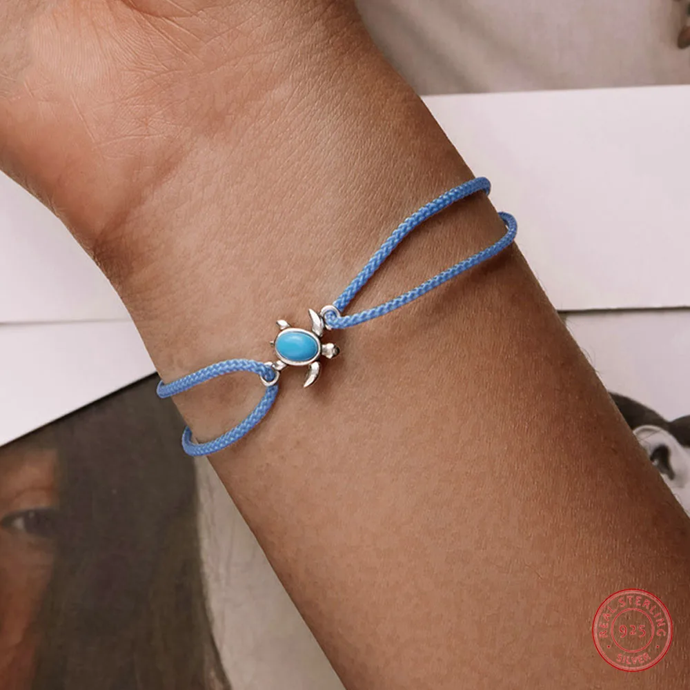 

925 Sterling Silver Mini Turtle Bracelet for Women Braided Rope Adjustable Blue Bracelet New Turquoise Fine Jewelry Party Gifts