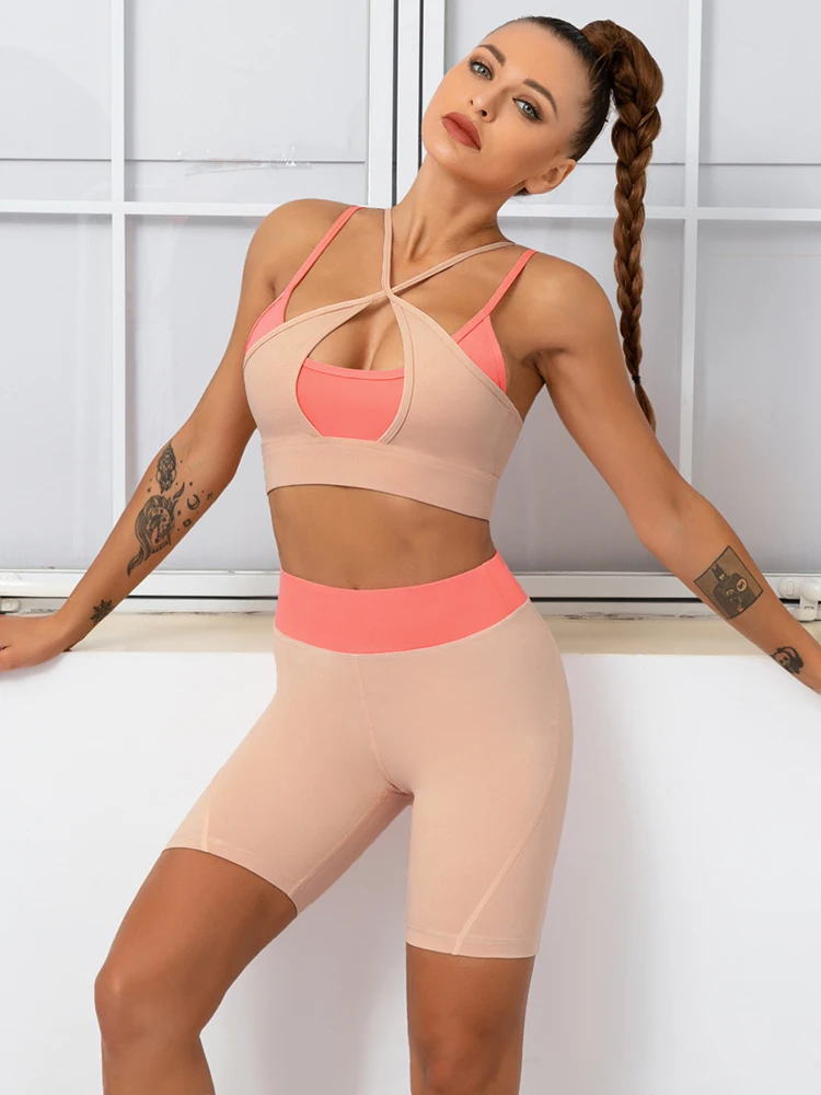 

Новый лоскутный комплект для йоги, женский короткий топ с имитацией 2 шт., комплект спортивной одежды с высокой талией для фитнеса, тонкий дышащий спортивный костюм, тренировочный костюм для тренажерного зала для девочек