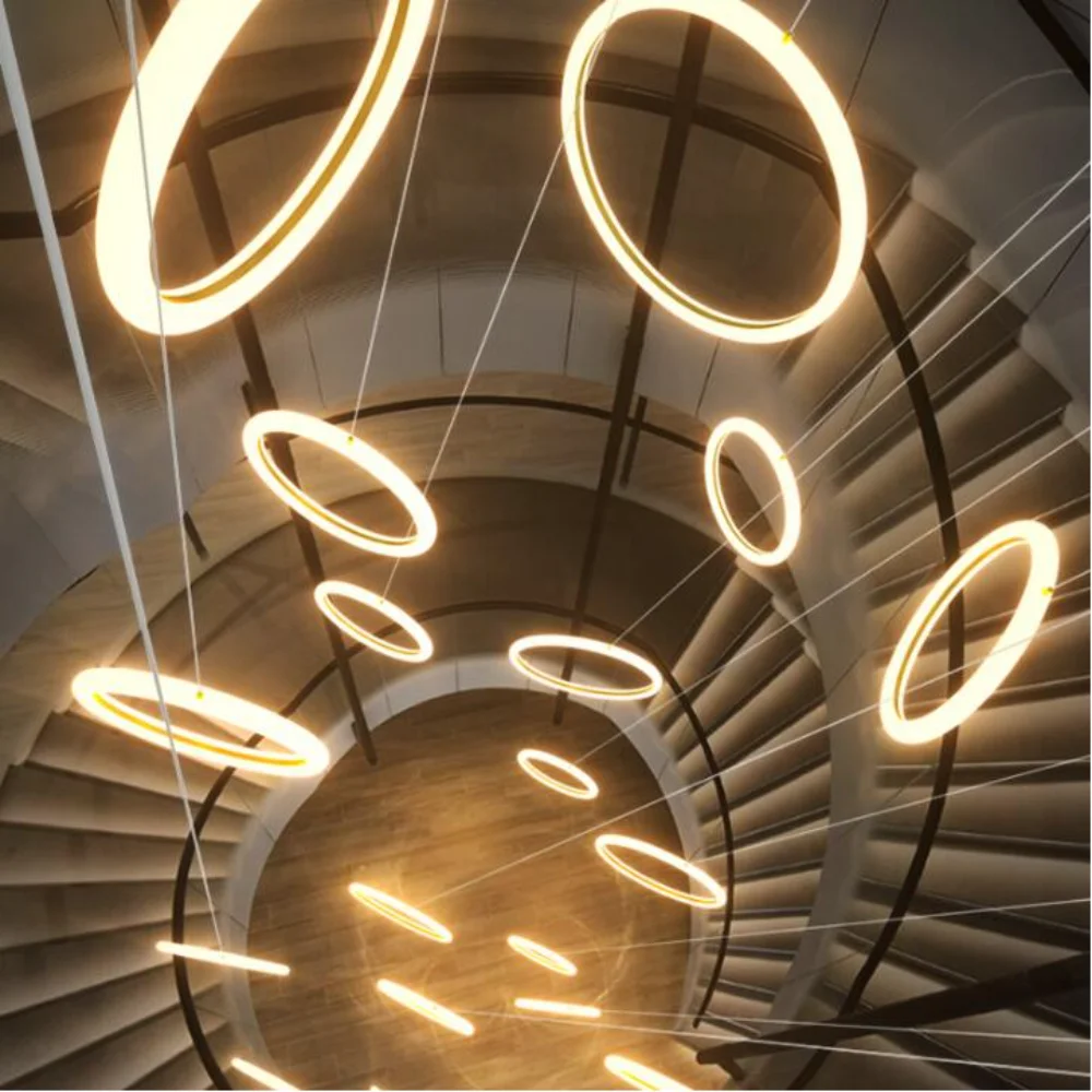 

Stair long pendant lamp Nordic modern simple atmosphere living room creative villa double ring lamps crystal chandelier