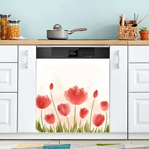 

Front Dishwasher Magnet Sticker Cover Decorative Appliances Stickers Romantic Red Tulip Flower Refrigerator Skins Dishwasher Pan