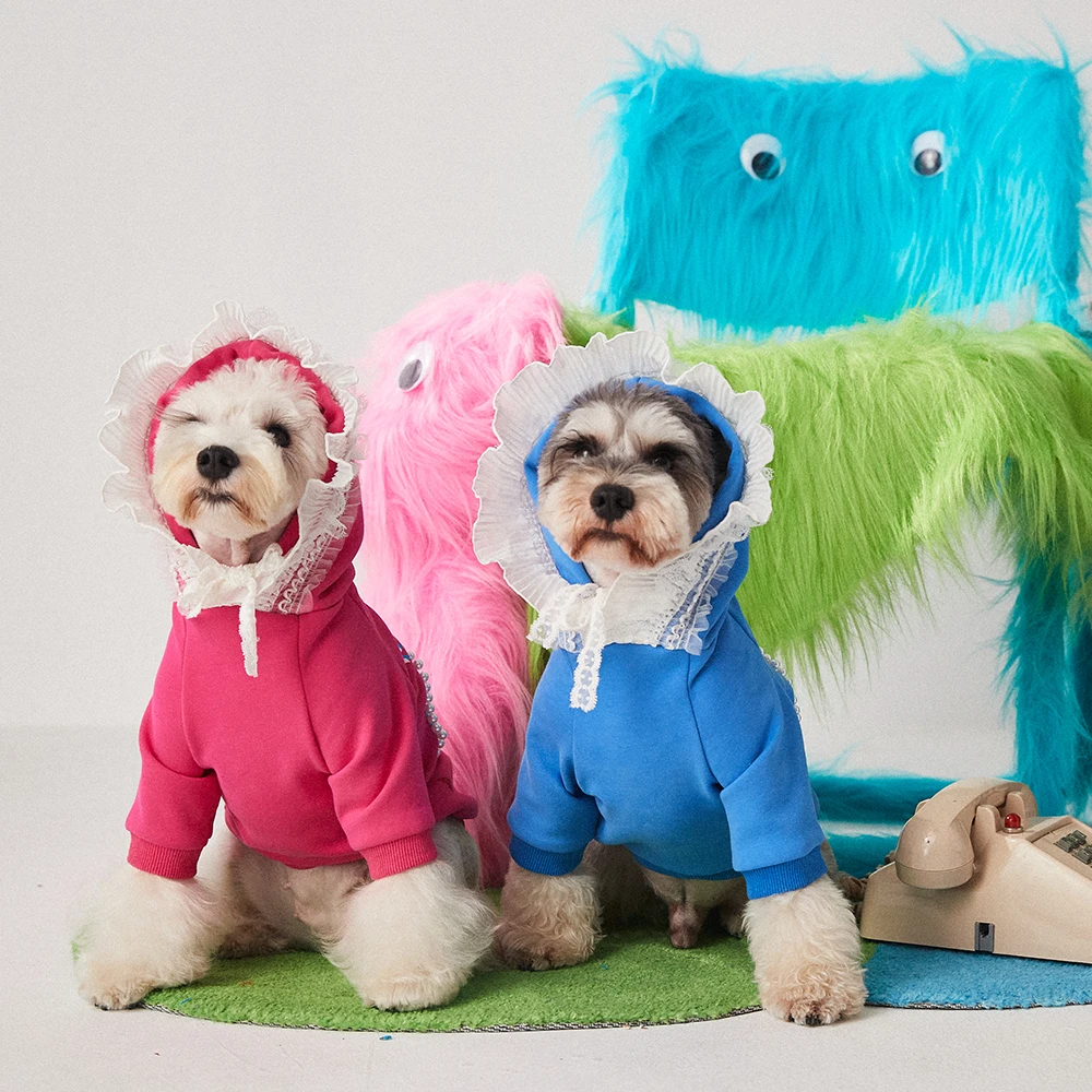 

TawneyBear Flower Print Dog Cat Hoodie Romantic Retro Cute Pet Clothes Autumn Winter Sweatshirt Lace Hat, Rose Red, Blue