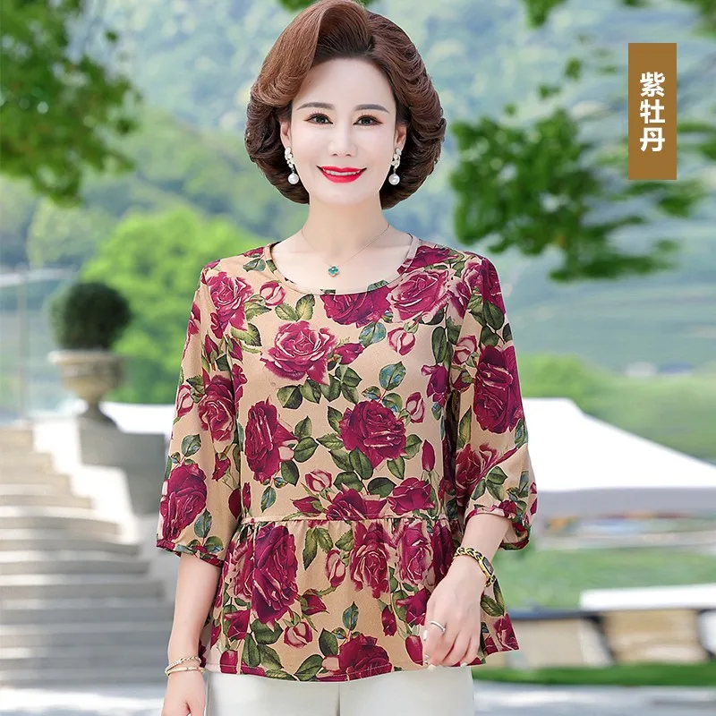 

Summer Women T-shirt Vintage Print Pullove Half sleeve Women Round neck T Shirt Middle-aged Mother Clothes Female Tops