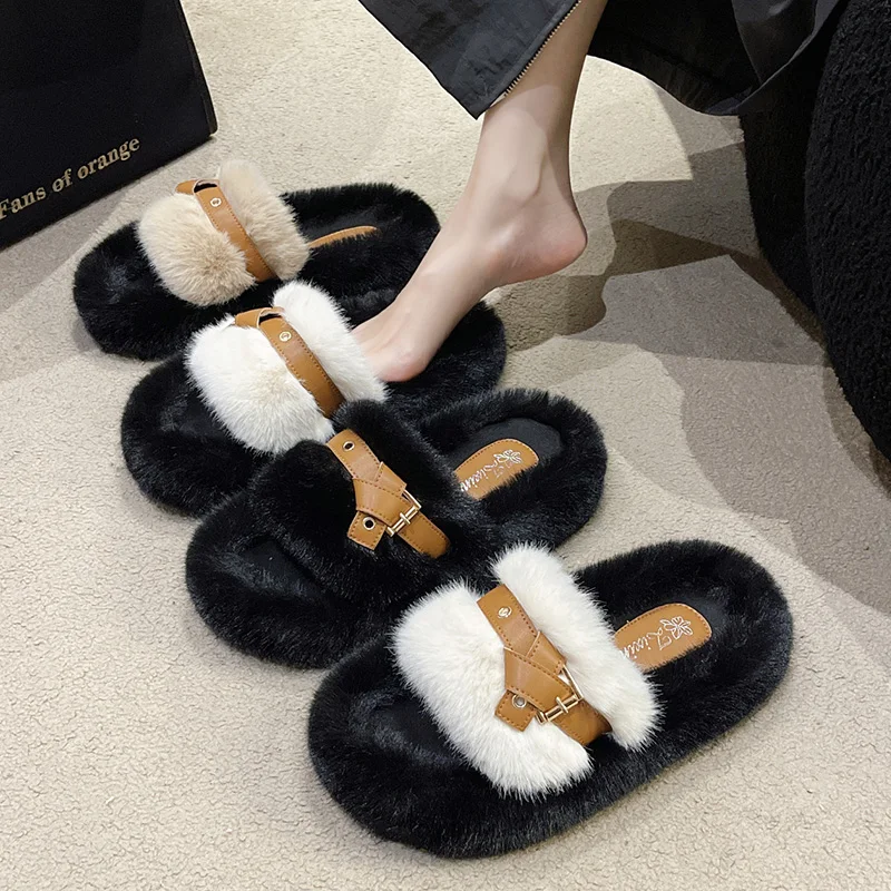 

Multicolored Sandals Fur Shoes Womens Slippers Outdoor Flock Slides Med Platform Big Size Pantofle Fashion Plush Flat 2023