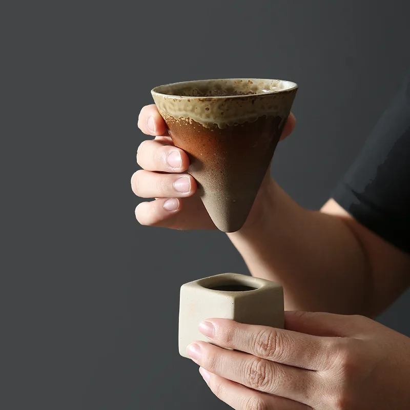 

200ml Rough Pottery Retro Espresso Cup Creative Handmade Kiln Change Ceramic Tea Cup with Base Personal Tea Cup