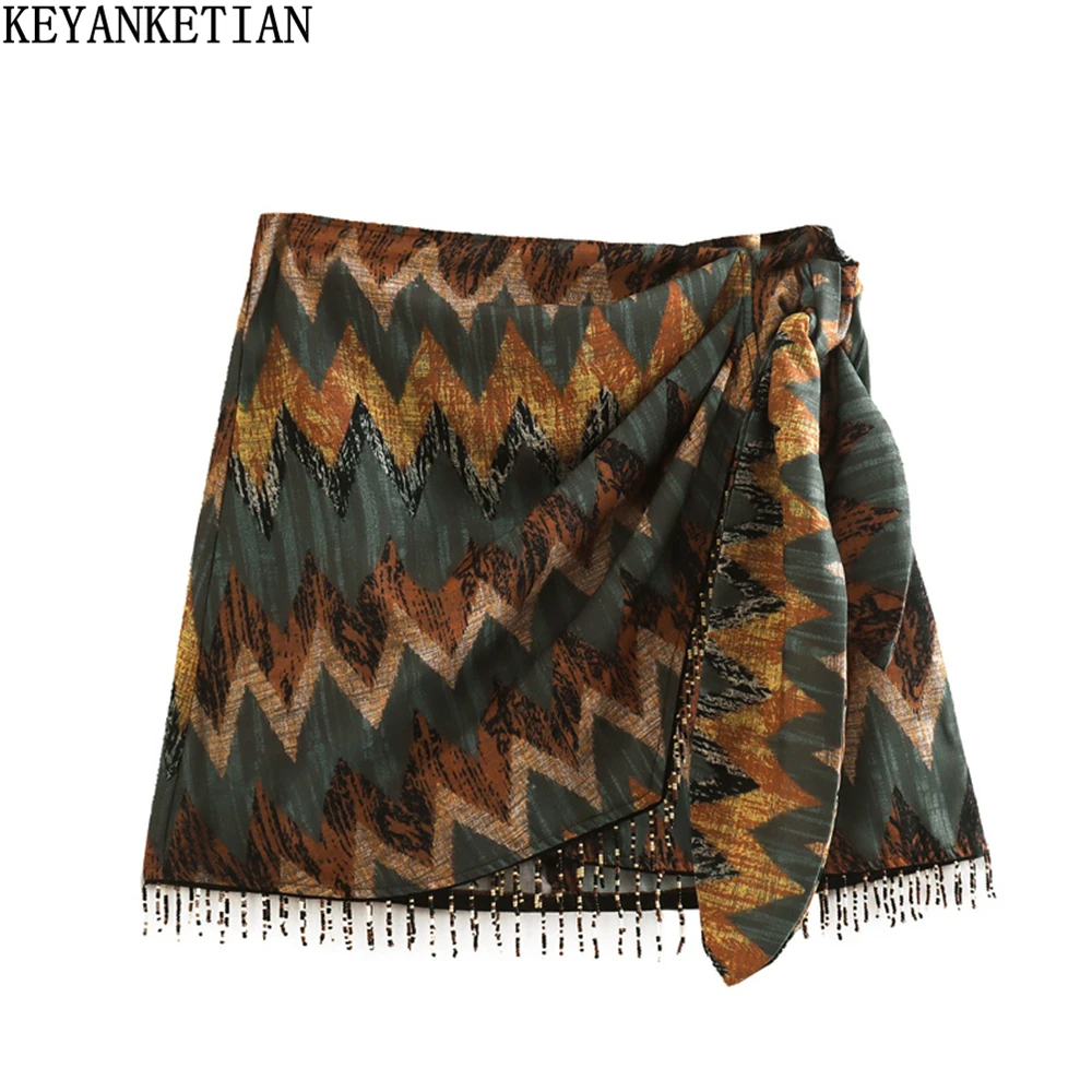 

KEYANKETIAN New Vintage Geometric Print Mini Skirt Knotted Sarong Beaded Fringe Wrap Vestidos Casual Zip Short Skort Mujer