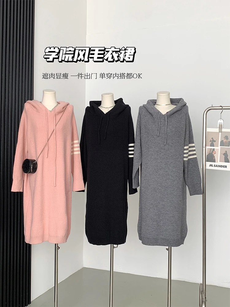 

Женское вязаное платье в стиле преппи, винтажное длинное платье с капюшоном и завязками, мешковатое шикарное платье с длинным рукавом, Осен...