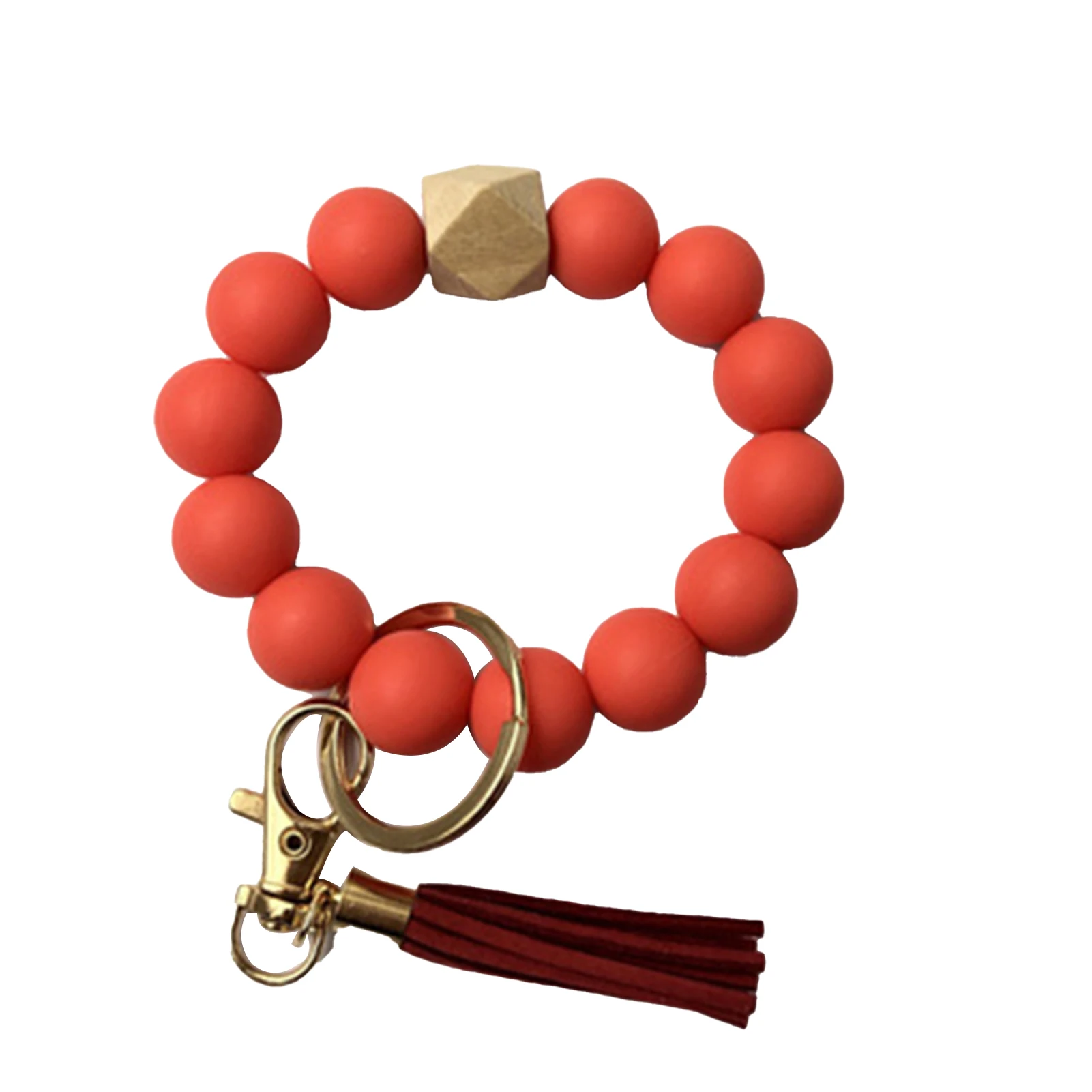 

Silicone Key Ring Bracelet With Tassel Keychains Beaded Bangle With Faux Leather Tassel For Women Ladies