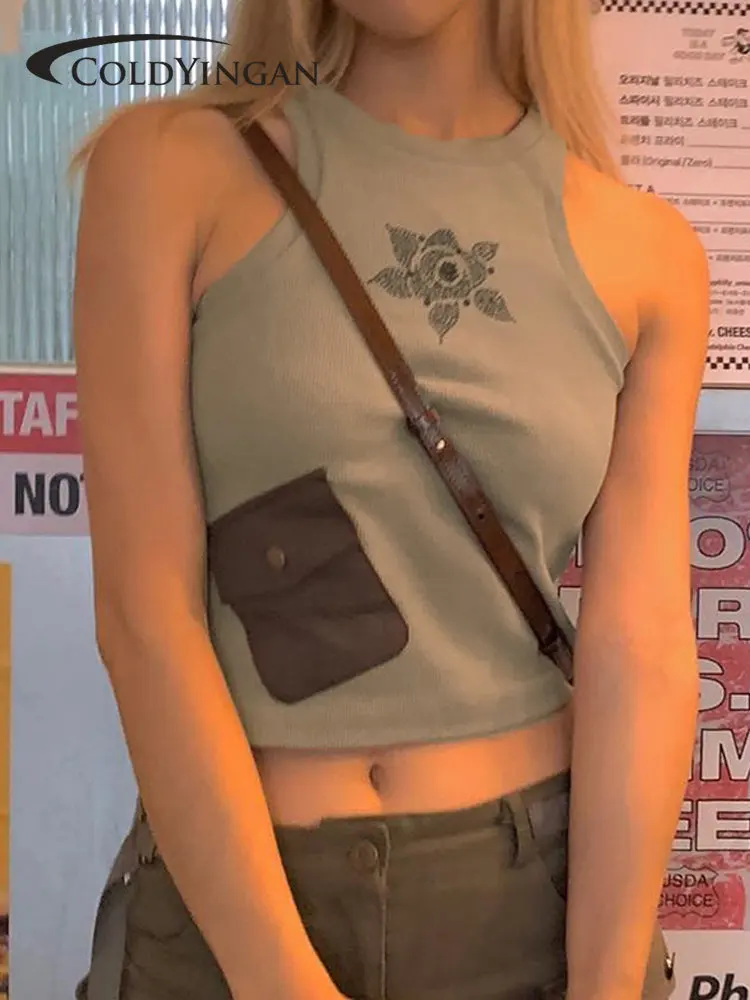 

Y2K Pockets Floral Knitted Mini Vest Sleeveless Khaki Basic Tank Top Women Harajuku Chic Casual Camisole Summer Sweats
