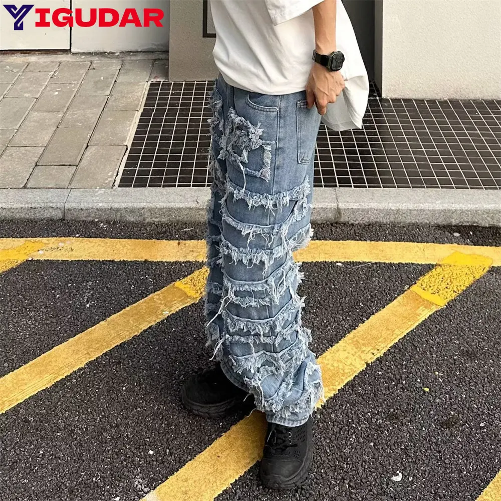 Men Straight Jeans Trousers Fashion Vintage Frayed Patchwork Color Block Denim Pants Men Casual Trousers Ripped Bottoms