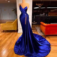 blue sexy fashion elegant evening dress strapless v neck floor length with train high split prom dress plus size custom made