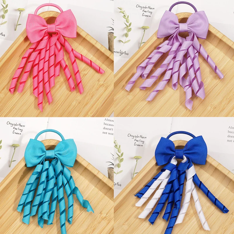 

2PCS Girl Children Rubber Band Tassel Ponytail Holders Curly Ribbons Streamers Hair Ring Cute Bows Elastic Hair Accessories